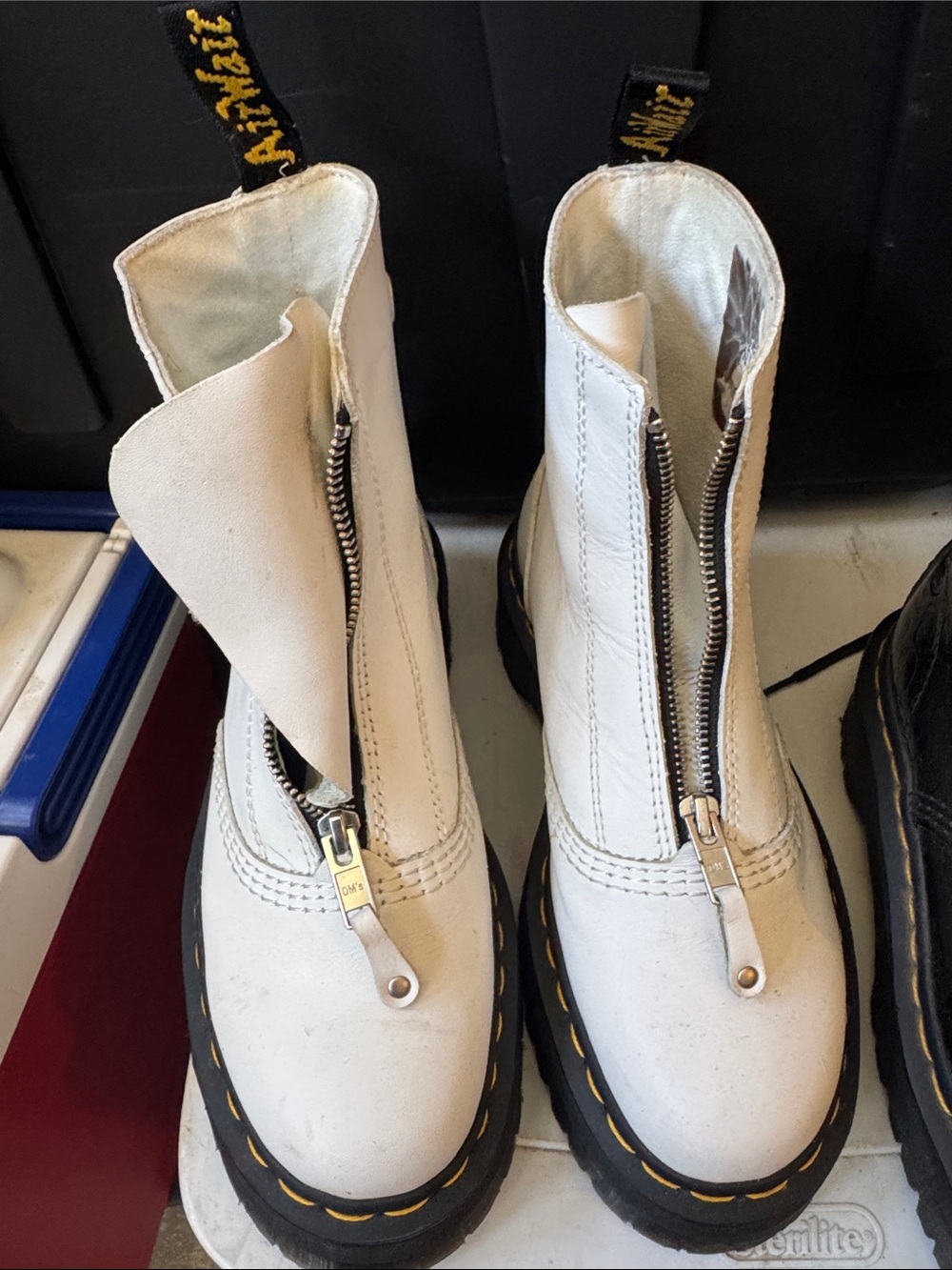 Dr. Martens White Front-Zip Ankle Boots with Yellow Stitching